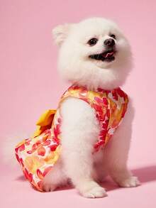 PETSIN 1pc Colorful Small Flowers And Red And Yellow Chrysanthemums With Bow Print Pet Dress, Gentle And Breathable Summer Vacation Style Sleeveless Pet Clothing - Multicolor - View 10