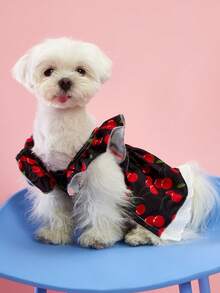 PETSIN 1件草莓樱桃白色卷边印花宠物连衣裙，轻柔透气度假风，带小飞袖，宠物服装 - 彩色 - 查看 14