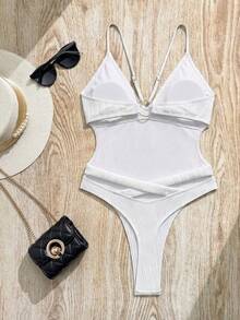 Swim SXY Women's Sexy Solid Color Backless Round Ring Criss-Cross Wavy Texture One-Piece Swimsuit, Suitable For Spring, Summer And Autumn Beach Vacation - White - View 3