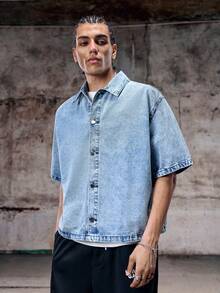 Skyrend 男士美式休闲做旧刺绣牛仔夹克 - 藍色 - 查看 5