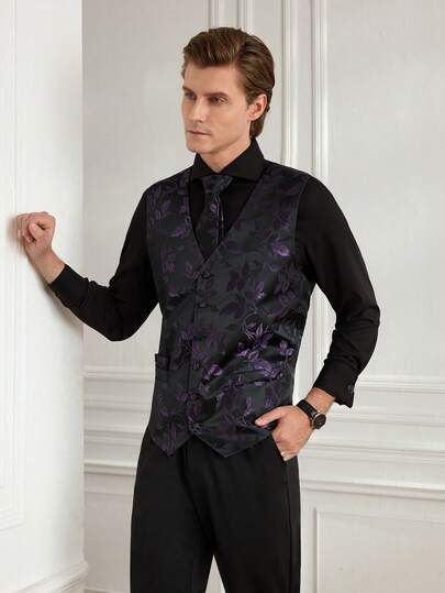 Officeau Men's Vest, Tie, Handkerchief, Cufflinks Set, Formal & Casual Wear For Wedding