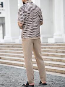 Manfinity Homme 男士休闲度假风印花短袖衬衫长裤套装，春夏秋季 - 卡其色 - 查看 2