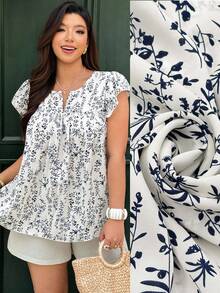 Ceyna Blusa Casual Estampada com Mangas Bufantes, Decote em V, Plus Size - Azul - Visão 1