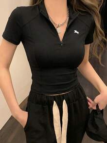 With My Calm With My Calm Women's Equestrian Sportswear, Elastic Comfortable Outdoor Sports Tops, Slim Fit Running Training Shirts - Black - View 3