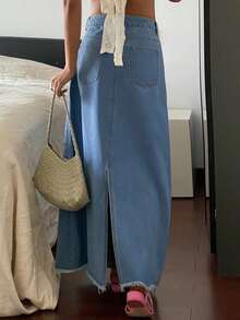 DAZY 西部牛仔风撞色蕾丝A字裙，休闲度假夏季女式牛仔裙 - 藍色 - 查看 2