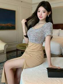 DAZY 女士优雅撞色花瓣袖开衩中长连衣裙，夏季女士连衣裙 - 卡其色 - 查看 6