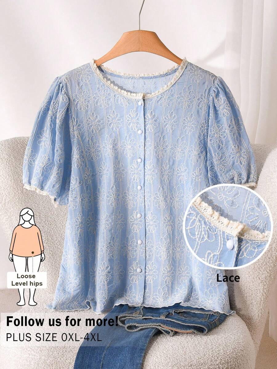 CosyJoli Áo kiểu nữ cỡ lớn thêu họa tiết, áo sơ mi tay ngắn viền ren hoa, áo kiểu mùa xuân/hè cho nữ, áo kiểu hiện đại cho nữ, áo kiểu mùa hè mới về, áo kiểu Pháp cho nữ mùa hè - Màu xanh lam - Xem 1