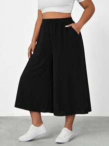 Shapeblank Pantaloni a gamba larga a vita elastica neri casual, comodi e traspiranti, adatti per l'estate, pantaloni alla caviglia larghi e morbidi da donna, abbigliamento estivo, pantaloni ampi - nero - Visualizzare 3