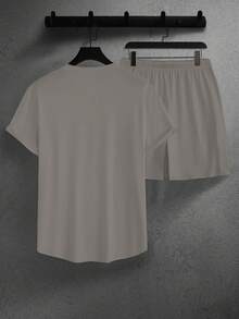 Manfinity Homme Men's Casual Solid Color Short Sleeve T-Shirt And Shorts Set, Summer - Grey - View 2
