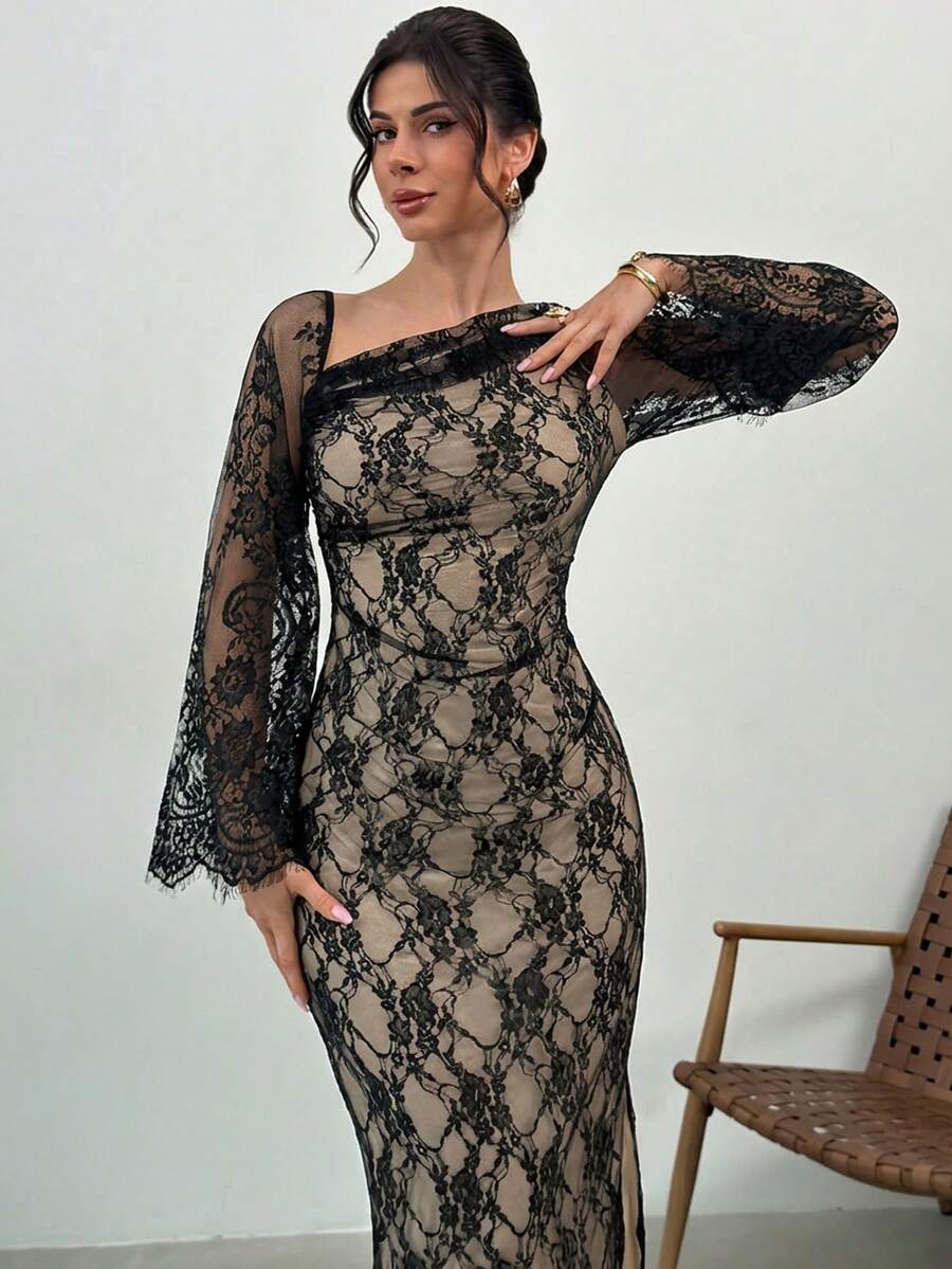 Firerie Đầm nữ thanh lịch, tinh tế, lãng mạn, màu trơn, thích hợp cho tiệc trà chiều, ngày lễ tình nhân, vai bất đối xứng, xếp ly, tay áo xòe. - màu đen - Xem 1