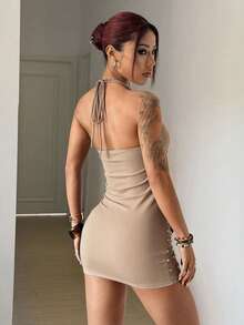 StreetHx Đầm mini ôm sát gợi cảm, hở lưng, buộc dây phía trước, đính hạt cườm, thời trang dành cho nữ, thích hợp cho mùa hè. - Màu be - Xem 2