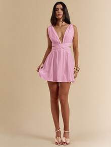 SHEIN BAE 白色雪纺V领露背系带迷你连衣裙，白色连衣裙，毕业礼服，度假连衣裙，春夏款 - 淺粉色 - 查看 5