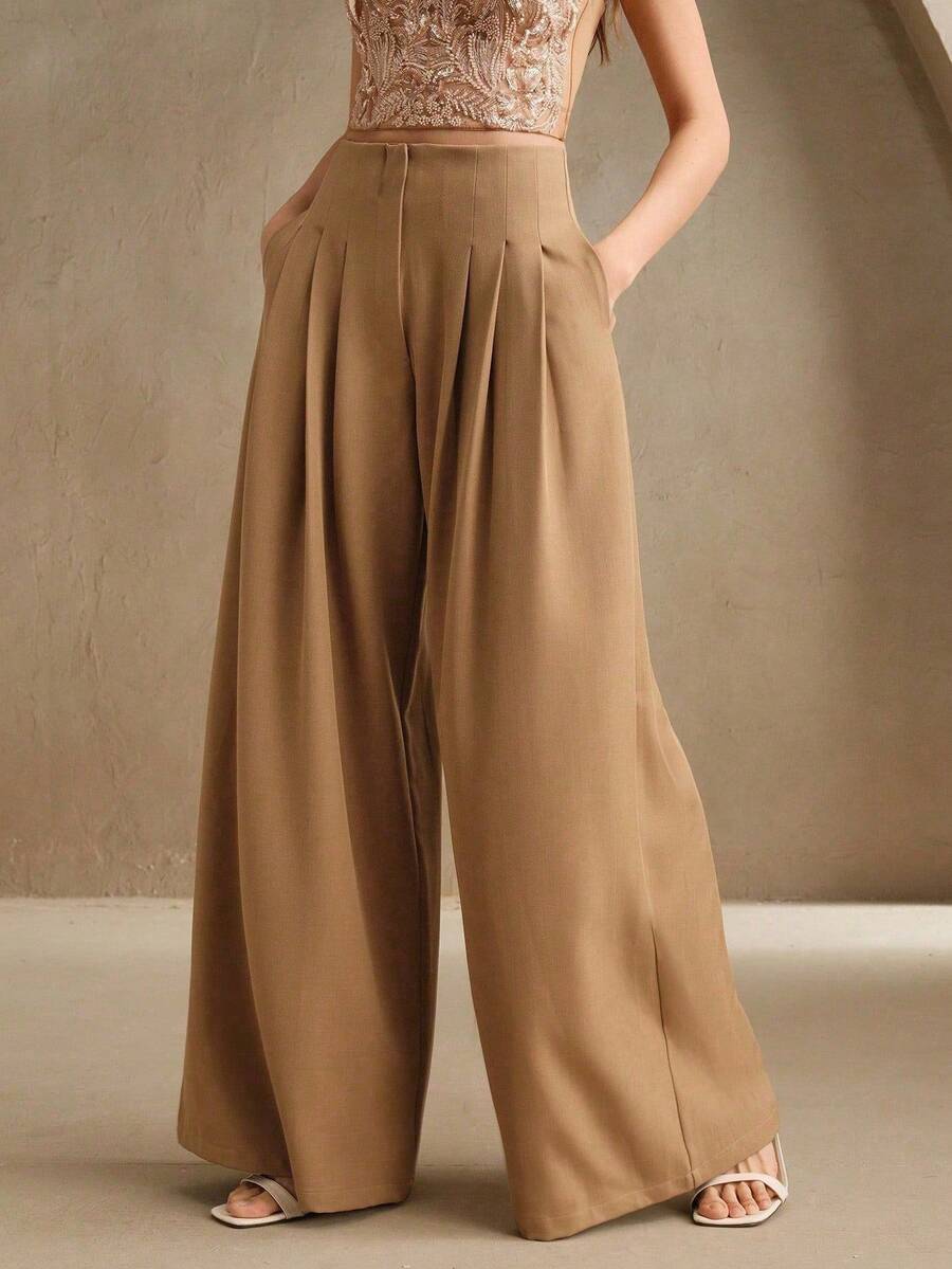 Anewsta Women's Spring Fashionable High-Waisted Pleated Wide-Leg Loose Draping Suit Pants - Khaki - View 1