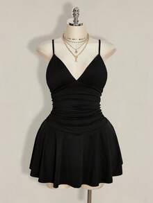 SHEIN ICON 大码女士性感纯色V领吊带连衣裙，夏季 - 黑色 - 查看 7