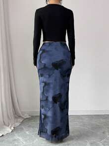 Rafferiza Rok Maxi Bodycon Jala Elastis Elegan Wanita dengan Belahan Tinggi - Navy Blue - View 2
