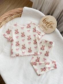 Baby Girl Cartoon Pattern Ruffle Trim Round Neck Short Sleeve Top And Pants Soft Comfy Pajama Set, 2pcs - Baby Pink - View 2