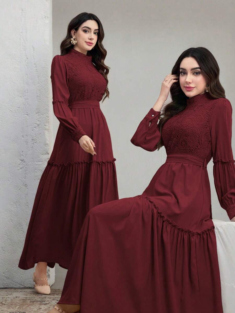 Graceveil Women's Solid Color Stand Collar Raglan Sleeve Ruffle Hem Elegant Dress - Burgundy - View 1