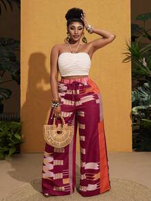 Maweii Pantalon ample décontracté avec imprimé bloc coloré et grandes poches, design mode minimaliste de style vacances et rue. Tenue d'été essentielle pour femmes grandes tailles, idéal pour le printemps/été - Multicolore - Voir 8