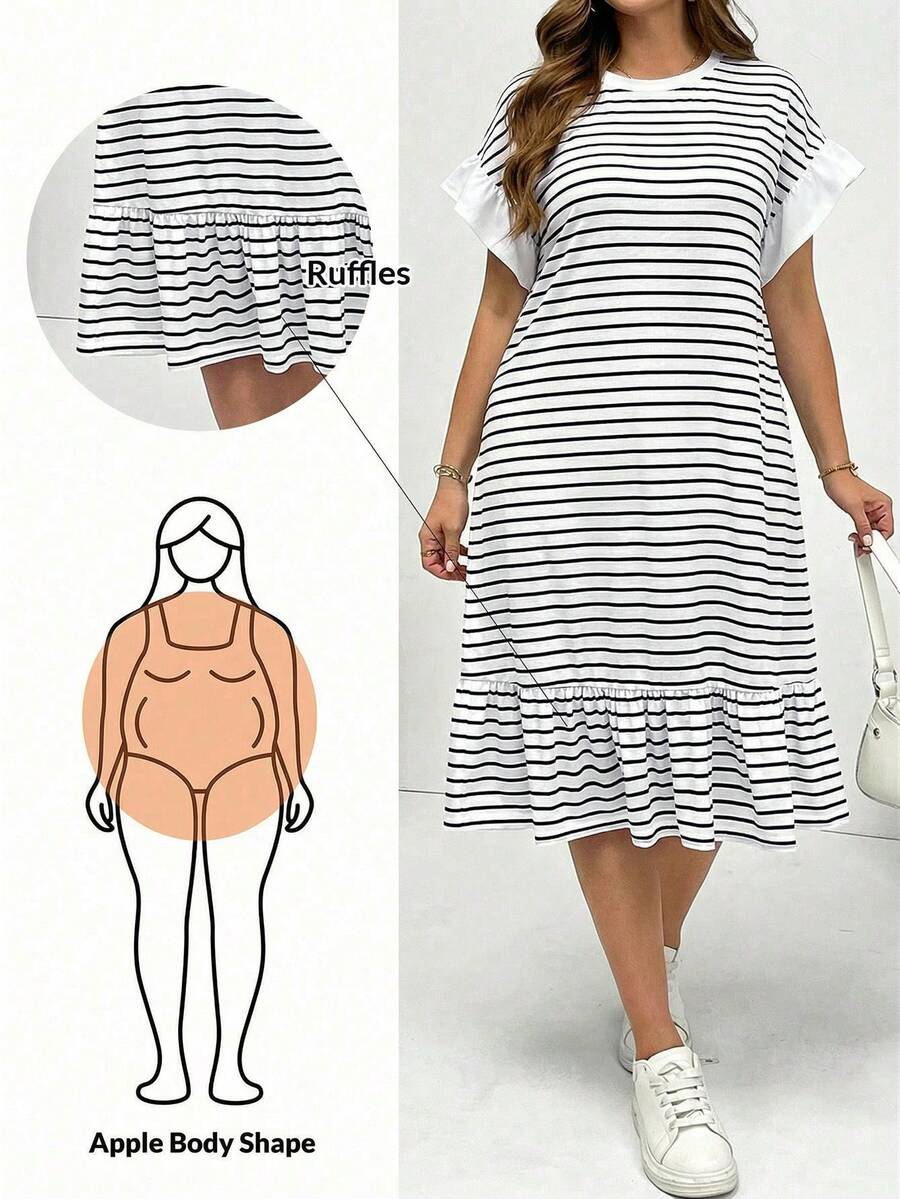 Shapeblank 大码女装春夏时尚休闲宽松舒适日常百搭显瘦黑白条纹荷叶边中长连衣裙，夏季服装，简约风格，机场穿搭，欧洲夏季 - 黑與白 - 查看 1