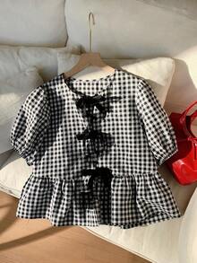 SHEIN Nova Glow 青少年女孩復古時尚千鳥格天鵝絨蝴蝶結寬鬆主教袖襯衫 - 黑與白 - 查看 5
