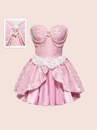 ROMWE EDITION فستان قصير مزين بسلسلة اللؤلؤ ذو تصميم رجعي رومانسي من نسيج جاكارد بألوان متباينة