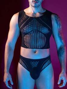 WENEZON 男士性感镂空露脐背心和内裤套装 - 黑色 - 查看 1