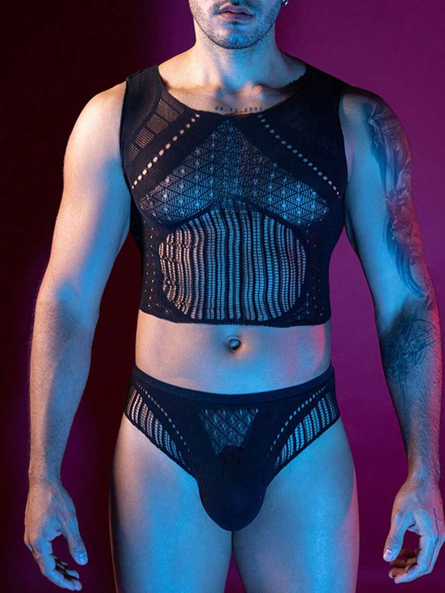 WENEZON 男士性感镂空露脐背心和内裤套装 - 黑色 - 查看 1