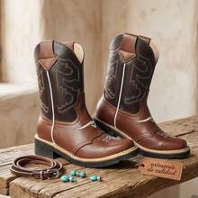 Bota Vaquera De Piel Para Niño  Estilo Rodeo Bordada - Marrón - Ver 6