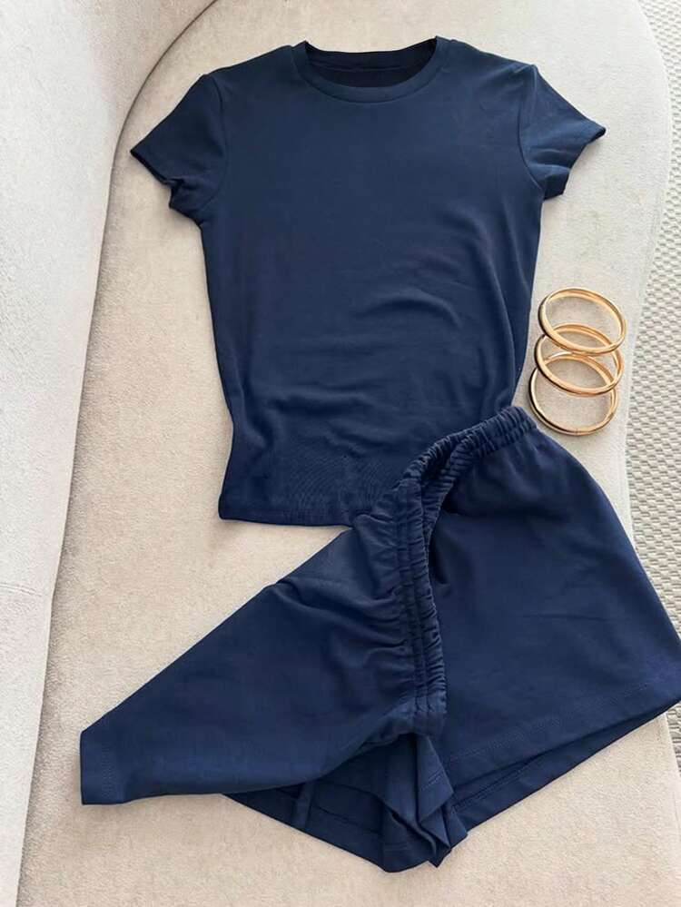 Women's Casual Daily Commute Solid Color Short Sleeve T-Shirt And Drawstring Waist Shorts 2-Piece Set, Summer - Navy Blue - View 2