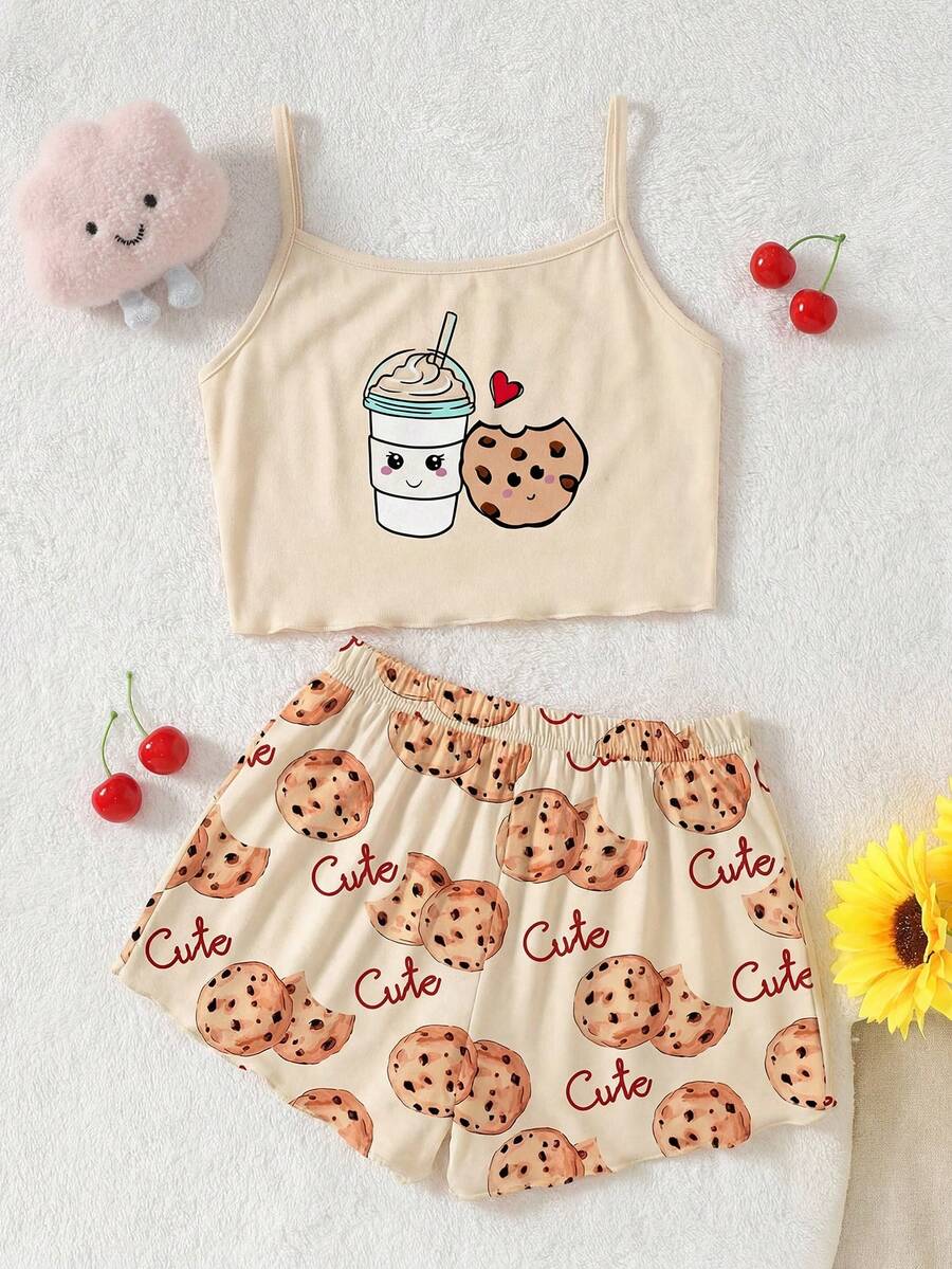 SHEIN 2 bộ đồ ngủ mùa hè thoải mái dễ thương cho bé gái mặc áo hai dây và quần short dệt kim - Màu Khaki - Xem 1