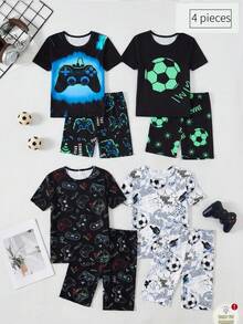 两套双色男童睡衣，夜光设计，黑色底色上印有霓虹蓝色的游戏手柄和“玩游戏”字样，以及霓虹绿色的足球和字母图案，弹力顺滑面料，舒适贴身，适合休闲和日常活动，展现酷炫活力的青春气息。 - 彩色 - 查看 1