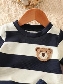 SHEIN 0-3岁婴幼儿男女通用夏季蓝杏条纹圆领短袖上衣搭配纯蓝色短裤套装，休闲运动风，适合户外、室内玩耍、亲子活动、夏季派对等场合。 - 寶藍色 - 查看 8