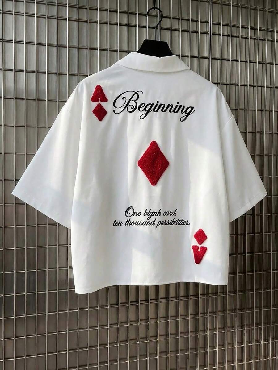 AXEPEAK 男士休闲时尚街头标语刺绣宽松白衬衫，适合夏季日常通勤