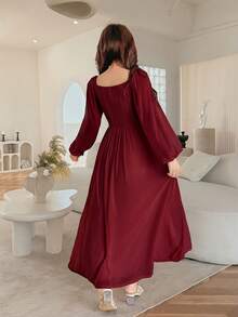 Feyla Damen elegantes Kleid mit plissiertem quadratischem Kragen, taillierter Taille und Laternenärmeln, Frühling - Bordeaux - Übersicht 4