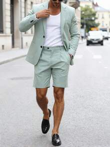 Manfinity Mode Men Stylish Light Green Suit Set With Shorts Casual Summer Blazer And Shorts, Men's Solid Color Long Sleeve Blazer And Shorts Suit Set, Classy Men Outfits/Pastel Green Suit, Formal - Green - View 4