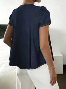 Siren Gaze 女士休闲系带短袖牛仔衬衫 - 深色水洗藍 - 查看 3