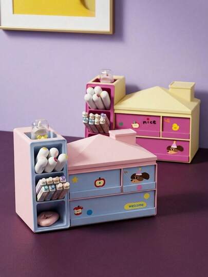 Joivida Cute House-Shaped Desktop Pen Holder Storage Box For Girls High-Value Slant Insertion Grid Organizer Multi-Functional Storage Rack With Drawers Stationery Organizer For Student Desks Makeup Brush & Sundries Organizer For Dormitory And Bedroom