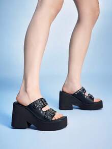 Sugerpunk 女士高跟凉鞋~ 夏季欧美新款柳条钉扣时尚厚底外穿半拖鞋深色PU凉鞋 - 黑色 - 查看 2