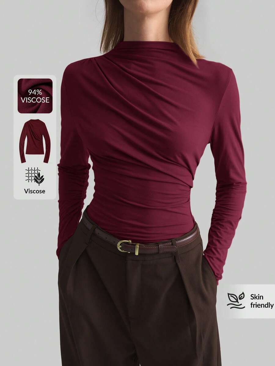 Ontre Áo nữ dáng dài tay cổ tròn màu đỏ tía trơn, thiết kế bất đối xứng, cài cúc kim loại ở eo, kiểu dáng thường ngày, phù hợp cho công sở, đi làm hoặc sinh hoạt hàng ngày. Trang phục công sở thanh lịch. - Màu Đỏ Sâu - Xem 1