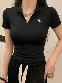With My Calm With My Calm Women's Equestrian Sportswear, Elastic Comfortable Outdoor Sports Tops, Slim Fit Running Training Shirts - Black - View 1