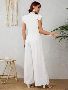 Mono Palazzo Elegante Liso Con Volantes Para Mujer De Hueco Y Empalme De Encaje Para Primavera y Verano - Blanco - Ver 2