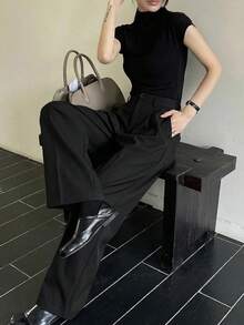 DAZY 女士宽松褶裥阔腿裤，休闲正式优雅夏季长裤 - 黑色 - 查看 5