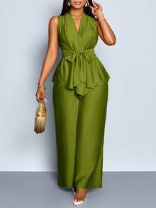 SOLERSUN Plus Size Women's Solid Color Knotted Waist Sleeveless Shirt And Wide Leg Pants Casual 2-Piece Set - Army Green - View 3