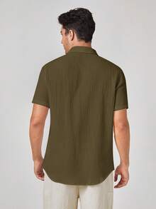 HIMLAND Men's Woven Casual Short Sleeve Shirt - Army Green - View 2