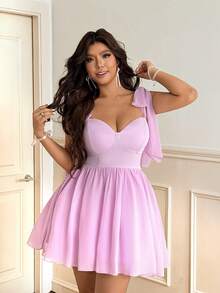 Vionelle Đầm hai dây màu tím cỡ lớn dành cho nữ, kiểu dáng thanh lịch, thắt eo, trang trí nơ, đầm ngắn xòe không dây, thắt eo, thích hợp cho các buổi gặp gỡ hàng ngày, hẹn hò lãng mạn, tiệc tùng sang trọng, mùa cưới lãng mạn, trang phục phù hợp, hẹn hò ngọt ngào, không khí ngày Valentine, tiệc ngoài trời, thời trang tươi trẻ ngọt ngào. - Màu tím - Xem 2