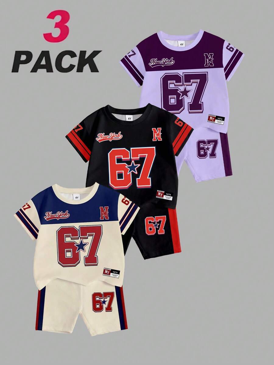 6 pièces/set Style sportif rétro / style de rue pour jeune fille. Numéro 67 + Impression de lettre New York + T-shirt à manches courtes avec rayures contrastées + Short, 3 pièces. Doux, combinaison polyvalente multicolore, convient pour le port quotidien, l'école, les sports, les sorties décontractées, la Fête des enfants, le printemps/été/automne - Multicolore - Voir 1