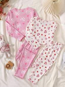 少女休闲简约修身睡衣套装，长袖上衣和裤子，卡通图案，适合夏季穿着 - 彩色 - 查看 4