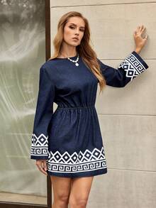 Selenza 女士几何印花圆领休闲长袖牛仔连衣裙 - 深色水洗藍 - 查看 4