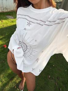 DAZY 女士圆领长袖印花宽松休闲度假风T恤 - 白色 - 查看 5