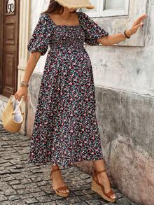 Boho Mama Maternity Black Summer Casual Floral Print Puff Sleeve Bohemian Style Dress,Holiday Photoshoot Pregnancy Outfits,Bump Friendly Breastfeeding Dresses - Red - View 5